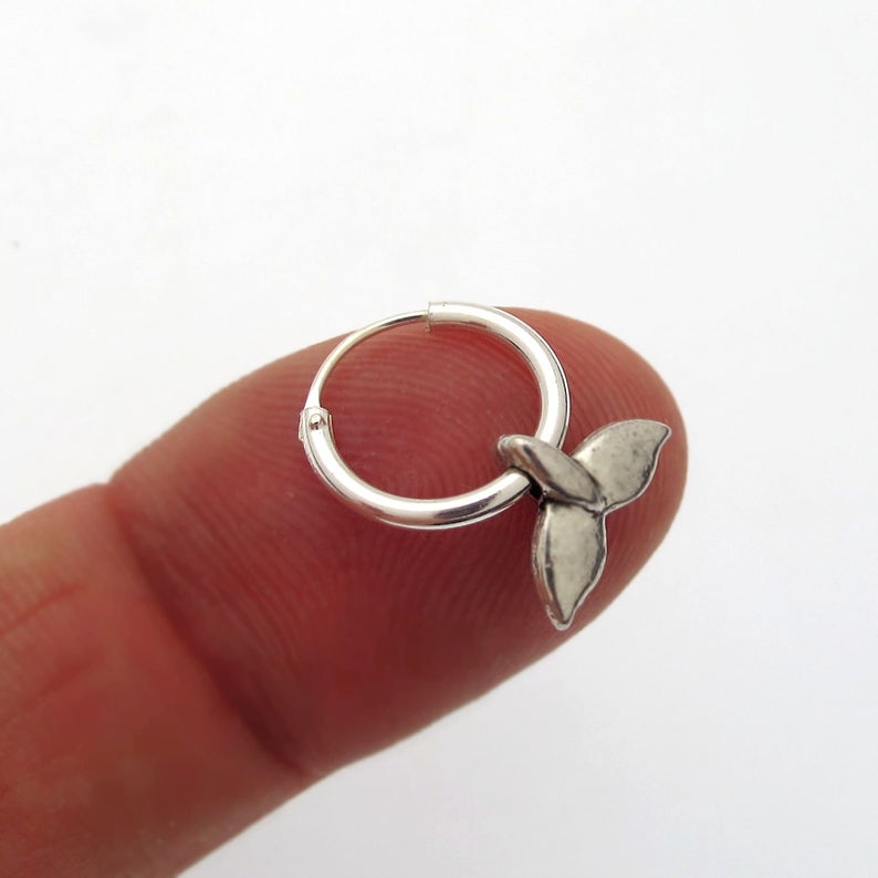 Mens Silver Single Earring - Whale Tail Hoop for Men -Mens