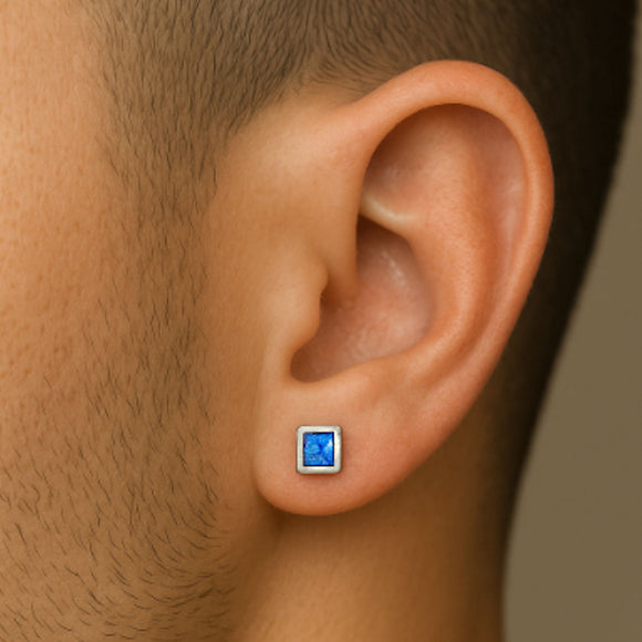 Square Stud Earrings for Men, Blue Opal Gemstone Studs 925 Sterling Silver Earrings