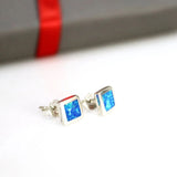 Square Stud Earrings for Men, Blue Opal Gemstone Studs 925 Sterling Silver Earrings
