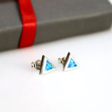 Square Stud Earrings for Men, Blue Opal Gemstone Studs 925 Sterling Silver Earrings