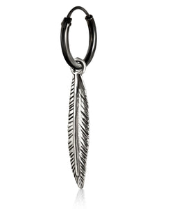 Feather Earring For Men - Mens Drop Dangle Earring - MEns Black Hoop with charm Feather