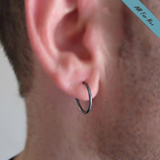 15mm Black Hoop Earrings for Men - Dark Sterling Silver
