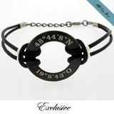 Men's Black Leather Bracelet with GPS coordinates