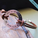 Customized Bracelet with Engraved Washer - Adjustable Leather Cuff