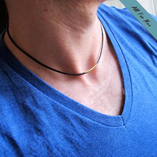 Elegant Leather Choker Necklace for Men with Gold Silver tube