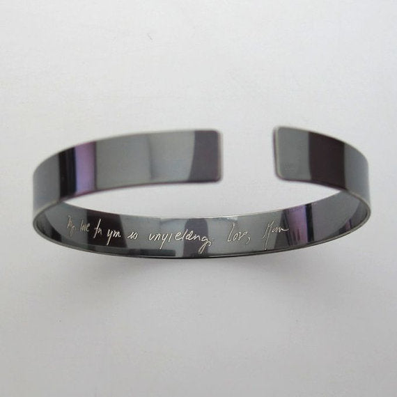 Engraved Handwritten Text Dark Silver Cuff,  Gift for Husband