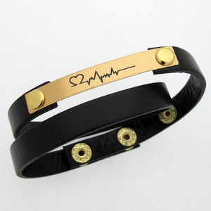 Engraved Heartbeat Leather Bracelet, Gift idea for Husband