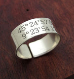 GPS Coordinates Silver Ring, Custom Gift for Him