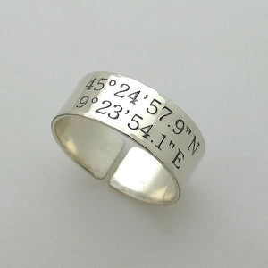 GPS Coordinates Silver Ring, Custom Gift for Him