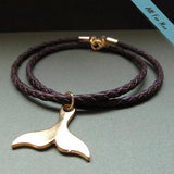Gold Whale Tail Necklace for Men - Braided Brown Leather Cord