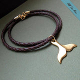Gold Whale Tail Necklace for Men - Braided Brown Leather Cord