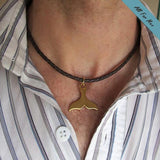 Gold Whale Tail Necklace for Men - Braided Brown Leather Cord