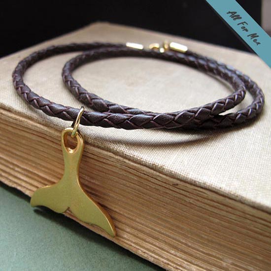 Gold Whale Tail Necklace for Men - Braided Brown Leather Cord