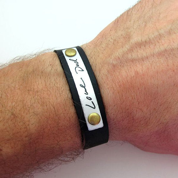 Engraved Handwriting Men's Bracelet, Leather Cuff for Men