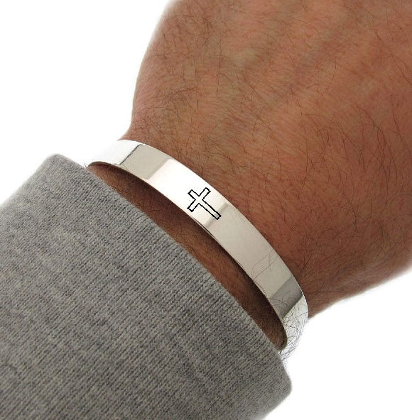 Cross Cuff Bracelet for men - 925 Sterling Silver Open Bangle with engraving