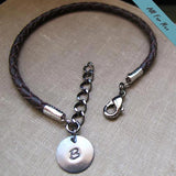 Leather Braided Bracelet with Initial Charm for Men - Adjustable