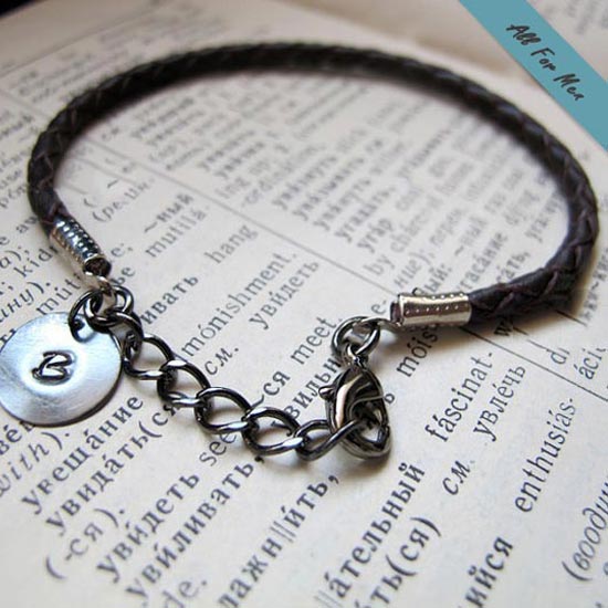 Leather Braided Bracelet with Initial Charm for Men - Adjustable