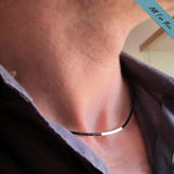 Leather Mens Necklace with silver tube - Mens Accessories