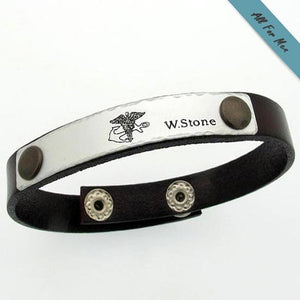 Logo Engraved Leather Mens Bracelet - Personalized Cuff for Men