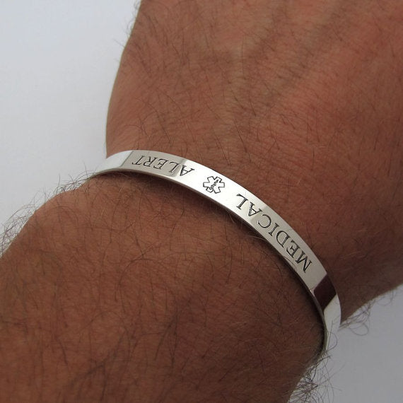 Medical Alert Bracelet, Custom Silver Bracelet for Him