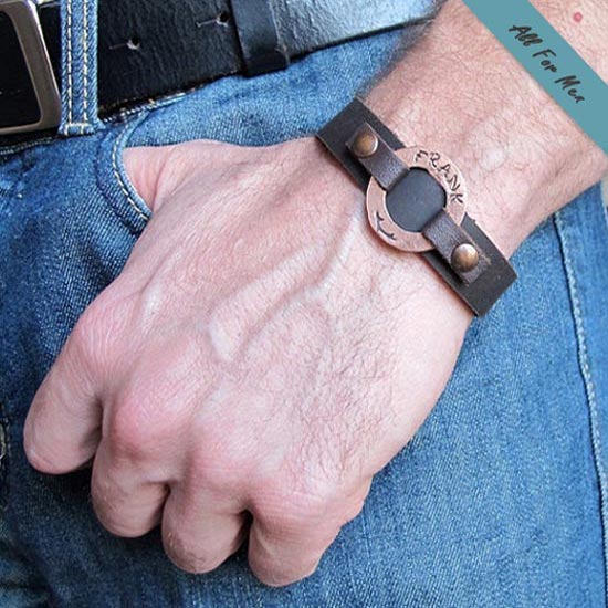 Personalized Cuff Bracelet - Mens Custom Leather Wrist Band