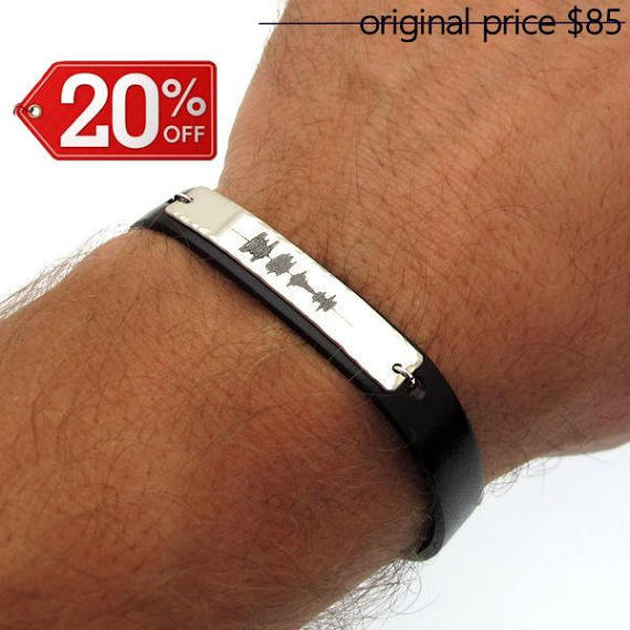 Personalized Sound Waves Bracelet, Leather Cuff for Men