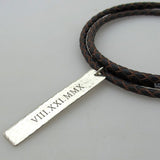 Roman Numerals Engraved Mens Necklace, Braided Leather Cord