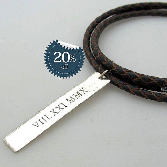 Roman Numerals Engraved Mens Necklace, Braided Leather Cord