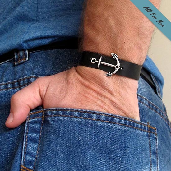 Silver Anchor Bracelet for Men -Leather Mens Cuff Nautical Style