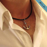 Silver Anchor Necklace on Leather Cord for Men - Nautical Neckla