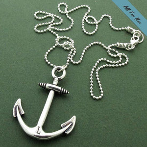 Silver Anchor Necklace On Leather Cord for Men / Nautical Necklace 17 inch (43cm)