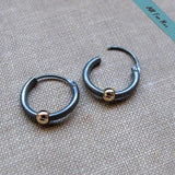Small Black Hoop Earrings with Gold Bead for Men