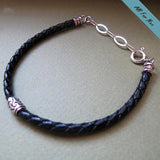 Braided Leather Black Bracelet with Sterling Silver Bead