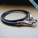 Silver Hook Leather Bracelet - Wrap Mens Bracelet