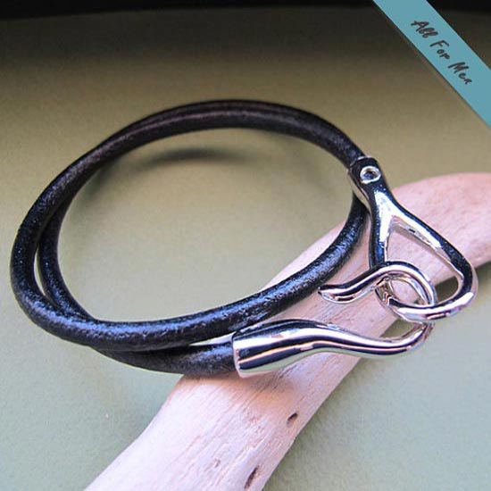 Silver Hook Leather Bracelet / Wrap Mens Bracelet Brown