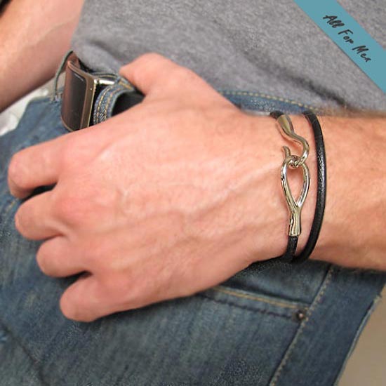 Silver Hook Leather Bracelet - Wrap Mens Bracelet