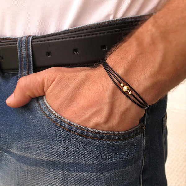 Leather bracelet for men with green Jade and sterling silver beads - JoyElly