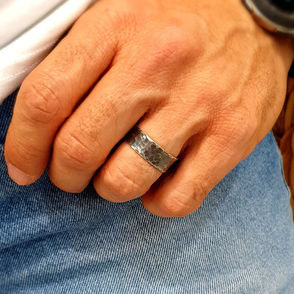 Oxidized Sterling Silver Hammered Ring for Men